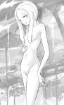  1girl breasts cleft_of_venus collarbone commentary completely_nude cowboy_shot greyscale groin hair_tie half-closed_eyes happy highres holding holding_paintbrush long_hair looking_at_viewer low_ponytail mina_(pokemon) monochrome navel nipples nude open_mouth paintbrush parted_bangs pokeeti pokemon pokemon_(game) pokemon_sm ponytail pussy sidelocks small_breasts smile solo splatter_background standing stomach thighs uncensored 