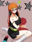  1girl alternate_breast_size alternate_costume arm_under_breasts bare_shoulders behind-the-head_headphones black_camisole black_shorts blush breasts camisole cleavage glasses grey_background headphones heart highres holding holding_pillow hyper.rxgue large_breasts lips long_hair looking_at_viewer nintendo_switch orange_hair parted_lips persona persona_5 pillow purple_eyes sakura_futaba short_shorts shorts sitting socks solo spoken_heart star_(symbol) strap_slip thighs wariza white_socks 
