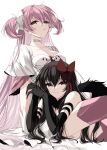  2girls akemi_homura akuma_homura bare_shoulders gloves hair_between_eyes hair_ribbon highres kaname_madoka long_hair looking_at_viewer mahou_shoujo_madoka_magica mahou_shoujo_madoka_magica:_hangyaku_no_monogatari misteor multiple_girls pink_hair purple_eyes ribbon smile ultimate_madoka white_background zettai_ryouiki 