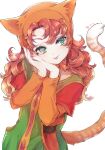 1girl animal_hood cat_hood cat_tail curly_hair dragon_quest dragon_quest_vii dress green_eyes highres hood long_hair longdenkikettle looking_at_viewer maribel_(dq7) orange_hair simple_background smile solo tail white_background 