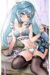  1girl aqua_hair bare_shoulders black_thighhighs blush breasts collarbone faruzan_(genshin_impact) genshin_impact green_eyes hair_ornament highres long_hair looking_at_viewer navel seiru_(prairie) small_breasts solo thighhighs thighs twintails x_hair_ornament 