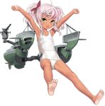  1girl ahoge armpits arms_up bow comandante_cappellini_(kancolle) dark-skinned_female dark_skin full_body green_eyes hair_bow i-503_(kancolle) jiji_(aardvark) kantai_collection long_hair looking_at_viewer multicolored_hair official_art one-piece_swimsuit pink_hair red_bow rigging solo streaked_hair swimsuit tan transparent_background twintails white_one-piece_swimsuit 