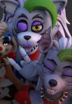 animatronic anthro canid canine canis claws collar ear_piercing female five_nights_at_freddy&#039;s five_nights_at_freddy&#039;s:_security_breach group looking_at_viewer machine mammal mayosplash nickosnekdoggo on_model open_mouth piercing robot roxanne_wolf_(fnaf) scottgames spiked_collar spikes steel_wool_studios tongue tongue_out trio wolf 