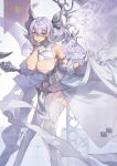  1girl breasts cleavage clothes_lift demon_girl demon_horns demon_wings detached_sleeves dress dress_lift duel_monster gloves grey_dress grey_eyes grey_hair highres holding holding_polearm holding_weapon horns knees_together_feet_apart large_breasts long_sleeves lovely_labrynth_of_the_silver_castle low_wings polearm red_cucumber see-through see-through_dress solo thighhighs twintails weapon white_dress white_gloves wings yu-gi-oh! 
