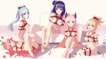  5girls animal_ears bare_legs bare_shoulders bdsm blonde_hair blue_eyes blue_hair blue_horns blunt_bangs blunt_tresses bondage bound bow-shaped_hair breast_bondage breasts cleavage closed_mouth colored_tips floppy_ears flower fox_ears genshin_impact gradient_hair hair_between_eyes hair_ornament hair_ribbon highres horns kamisato_ayaka large_breasts light_blue_hair long_hair looking_at_viewer medium_breasts medium_hair multicolored_hair multiple_girls navel open_mouth orange_eyes pink_hair ponytail prixy purple_eyes purple_hair raiden_shogun red_rope restrained ribbon rope sangonomiya_kokomi shibari small_breasts smile thighs tress_ribbon very_long_hair yae_miko yoimiya_(genshin_impact) 