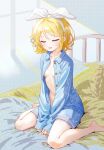  1girl bare_legs barefoot bed blonde_hair blue_skirt blush bow bow_hairband breasts closed_eyes collared_shirt commentary_request hairband kagamine_rin navel on_bed open_clothes open_shirt parted_lips shirt short_hair sitting skirt sleepy small_breasts smile solo vocaloid wariza white_bow yukihane_(snowowl515) 