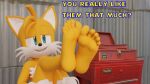  3d_(artwork) 5_toes anthro canid canine dialogue digital_media_(artwork) english_text feet foot_fetish foot_focus fox hi_res humanoid_feet male mammal miles_prower plantigrade sega solo sonic_the_hedgehog_(series) talking_to_viewer text toes toolbox twintails3d 