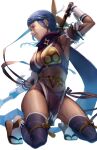  1girl aduti_momoyama blue_hair bodysuit bow_(weapon) breasts cleavage cross_scar drawing_sword fire_emblem fire_emblem_fates fire_emblem_heroes fishnet_bodysuit fishnets gloves highres holding holding_bow_(weapon) holding_sword holding_weapon japanese_clothes kneeling large_breasts long_hair looking_at_viewer low_ponytail mature_female ninja official_alternate_costume ponytail purple_eyes purple_scarf purple_thighhighs reina_(fire_emblem) reina_(ninja)_(fire_emblem) scar scar_on_face scarf shuriken_hair_ornament smile solo sword thighhighs weapon zouri 