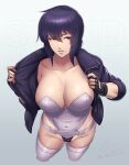 1girl breasts cameltoe cleavage covered_navel fingerless_gloves ghost_in_the_shell gloves highres jacket kusanagi_motoko large_breasts looking_at_viewer medium_hair open_clothes purple_hair red_eyes sawasa solo 
