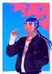  1boy black_jacket blue_hair border cu_chulainn_(fate) fate/stay_night fate_(series) fingernails hal_(haaaalhal) hand_in_pocket highres jacket long_hair long_sleeves male_focus one_eye_closed parted_lips petal_on_nose petals ponytail red_eyes shirt signature silver_earrings solo upper_body white_border white_shirt 
