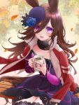  :d autumn_leaves blue_dress blue_flower blue_headwear blue_rose bow brown_hair cup dress dress_bow flower fur_collar hair_over_one_eye hat hat_flower highres holding holding_cup horse_girl jacket long_hair looking_at_viewer off-shoulder_dress off_shoulder purple_eyes red_jacket rice_shower_(umamusume) rose sanako_(mucchiripancake) short_dress sitting smile thighhighs tilted_headwear tracen_training_uniform track_jacket umamusume 