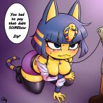  2023 animal_crossing ankha_(animal_crossing) anthro big_breasts blackmail blue_hair blush bodily_fluids bottomwear bra breasts cleavage clothed clothing collar domestic_cat duo embarrassed eyelashes eyeshadow fangs felid feline felis female footwear frown fur hair hanging_breasts hi_res jewelry kneeling leash legwear looking_at_another makeup male mammal markings necklace nintendo off_shoulder procyonid prostitution purple_background questionable_consent queueqew raccoon shoes short_hair simple_background skirt speech_bubble striped_markings striped_tail stripes sweat tail tail_markings teeth thigh_highs tom_nook_(animal_crossing) underwear unzipped unzipped_pants unzipping uraeus wavy_mouth yellow_body yellow_fur zipper 