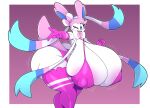  anthro big_breasts big_butt blush breasts butt clothed clothing digital_media_(artwork) domestic_cat eeveelution felid feline felis female female/female fur generation_6_pokemon hi_res huge_breasts huge_butt hyper looking_at_viewer mammal nintendo nipples open_mouth pokemon pokemon_(species) simple_background smile solo sylveon thiccbuns white_body 