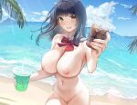  1girl beach black_hair blush bow bowtie breasts cup disposable_cup highres holding holding_cup inushima large_breasts long_hair looking_at_viewer navel nipples nude ocean original outdoors palm_tree red_bow red_bowtie sky smile solo tree 