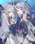  2girls absurdres arm_up armpits blue_dress breasts bubble dress duel_monster fins glint green_eyes grey_hair head_fins highres holding_hands lock long_hair multiple_girls nandesu open_mouth purple_eyes sleeves_past_wrists small_breasts tearlaments_havnis tearlaments_scheiren tiara twintails upper_body yu-gi-oh! 