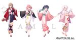  4girls :d ahoge bag black_hair black_kimono black_sleeves blue_eyes bottle breasts brown_hair camellia_print cherry_blossom_print copyright crossed_bangs double-parted_bangs floral_print flower full_body furen_e_lustario hair_between_eyes hair_flower hair_ornament hair_ribbon hairclip hand_in_own_hair hand_up haori holding holding_bag holding_bottle holding_towel jacket japanese_clothes kimono large_breasts long_hair long_sleeves looking_at_viewer low_ponytail milk milk_bottle multiple_girls nail_polish nijisanji onomachi_haruka outstretched_arm pink_eyes pink_hair pink_jacket pink_kimono pink_nails red_eyes red_jacket red_ribbon ribbon ringlets sample_watermark sasaki_saku sash shiina_yuika short_hair side_ponytail simple_background single_sidelock smile striped striped_kimono swept_bangs tenryou_sena toenail_polish toenails towel two-tone_kimono virtual_youtuber watermark white_hair white_kimono yukata zouri 