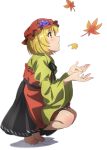  1girl aki_minoriko apron barefoot black_skirt blonde_hair brown_eyes food-themed_hair_ornament frilled_apron frills fruit_hat_ornament full_body grape_hair_ornament gyouza_(mhea5724) hair_ornament highres leaf maple_leaf red_apron red_headwear shirt short_hair skirt solo squatting touhou wide_sleeves yellow_shirt 