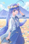  1girl :3 ahoge blue_eyes blue_hair blue_ribbon blue_skirt blue_sky blurry blurry_background bow cloud collared_shirt commentary_request day dress_shirt falling_petals fang feet_out_of_frame field floating_hair flower flower_field from_side hair_bow hand_to_head hand_up head_wreath highres holding holding_suitcase long_hair looking_at_viewer looking_to_the_side low_twintails mountainous_horizon neck_ribbon open_mouth otomachi_una outdoors petals ribbon shirt skirt sky sleeves_past_elbows smile solo standing suiso_sn3 suitcase suspender_skirt suspenders twintails very_long_hair vocaloid white_shirt 