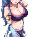  1girl armlet blue_hair bracelet breasts fingernails highres jewelry kasai_shin large_breasts long_hair navel necklace nefertari_vivi one_piece shiny_skin simple_background smile solo stomach 