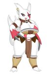  anthro armwear big_breasts black_pupils bottomwear breasts claws clothing collar female generation_3_pokemon hi_res huge_breasts legwear nintendo piercing pink_eyes pokeball pokemon pokemon_(species) pupils simple_background skirt solo tail teeth topwear tunic urusee584 white_background white_body zangoose 