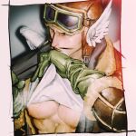  1boy bara bare_pectorals brown_jacket closed_mouth clothes_lift gloves green_gloves hat ihkopf jacket large_pectorals male_focus muscular muscular_male one_piece open_clothes open_jacket pectorals shirt shirt_lift shura_(one_piece) solo white_shirt winged_hat wings 