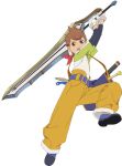  1boy brown_hair child english_commentary full_body gloves highres holding holding_sword holding_weapon karol_capel male_focus official_art pants shoes solo sword tales_of_(series) tales_of_asteria tales_of_vesperia teeth upper_teeth_only weapon white_gloves 