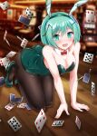  1girl :d absurdres animal_ears antennae black_pantyhose blurry blurry_background breasts card cleavage commentary full_body green_eyes green_footwear green_hair green_leotard high_heels highres indoors large_breasts leotard looking_at_viewer muki_(munikichan) open_mouth pantyhose playboy_bunny playing_card rabbit_ears short_hair smile solo touhou wriggle_nightbug 