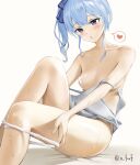  1girl a_fxxf absurdres areola_slip bare_shoulders blue_eyes blue_hair blush breasts clothes_pull collarbone cross_pasties hair_ribbon heart highres hololive hoshimachi_suisei knee_up looking_down open_mouth panties panty_pull pasties pulled_by_self ribbon shirt_pull side_ponytail sidelocks sitting small_breasts solo spoken_heart sweat tank_top thighs underwear undressing virtual_youtuber white_panties 