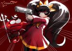  1girl artist_logo ashley_(warioware) awesomeerix big_hair black_hair black_pantyhose bow bowtie character_request commentary cowboy_shot demon dress english_commentary gun hair_ornament handgun holding long_hair long_sleeves looking_to_the_side m1911 orange_bow orange_bowtie outstretched_arms pantyhose pointing_gun red_background red_dress red_eyes shaded_face sidelocks swept_bangs twintails very_long_hair warioware weapon 