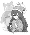 1girl =3 absurdres blue_archive blush cellphone closed_eyes crossover english_commentary greyscale hair_between_eyes halo hat highres holding holding_phone iroha_(blue_archive) keke_(user_djyu7823) long_hair long_sleeves monochrome pajamas phone pokemon pokemon_(creature) pokemon_(game) pokemon_sleep polka_dot polka_dot_headwear polka_dot_pajamas pom_pom_(clothes) simple_background smartphone snorlax star_(symbol) 