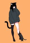  1girl accidental_undressing ahoge animal_ear_fluff black_cat black_eyes black_hair black_thighhighs blush blush_stickers bottomless bright_pupils cat cat_girl cat_tail dot_mouth full_body grey_hoodie hand_to_own_face highres hood hoodie looking_at_another looking_down megateru no_pants nose_blush notice_lines orange_background original oversized_clothes single_bare_leg sleeves_past_fingers sleeves_past_wrists solo tail thighhighs undressing_another white_pupils 
