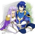  1boy 1girl bare_shoulders blue_cape blue_eyes blue_hair breasts brother_and_sister cape circlet dress fire_emblem fire_emblem:_genealogy_of_the_holy_war headband holding holding_hands jewelry julia_(fire_emblem) long_hair looking_at_another open_mouth purple_cape purple_eyes purple_hair seliph_(fire_emblem) siblings sitting smile white_headband wide_sleeves yukia_(firstaid0) 
