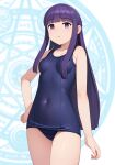  1girl blue_one-piece_swimsuit blunt_bangs breasts covered_navel cowboy_shot fern_(sousou_no_frieren) half_updo hand_on_own_hip highres long_hair looking_at_viewer magic_circle neopure old_school_swimsuit one-piece_swimsuit purple_eyes purple_hair school_swimsuit small_breasts solo sousou_no_frieren swimsuit 