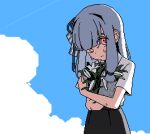  ++_(9oafxjjhuktkdef) 1girl alternate_costume black_skirt blue_sky blunt_bangs bouquet closed_mouth cloud collared_shirt commentary contrail cowboy_shot flower grey_hair hair_intakes hair_ribbon head_down holding holding_bouquet kotonoha_aoi lily_(flower) looking_at_viewer low_tied_sidelocks object_hug pink_eyes pixel_art raised_eyebrows ribbon shirt shirt_tucked_in short_sleeves sidelighting sidelocks skirt sky solo sweat upturned_eyes very_sweaty voiceroid wet wet_clothes wet_shirt white_flower white_shirt 