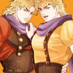  2boys blonde_hair commentary_request dio_brando dual_persona ear_birthmark fangs grm_jogio jojo_no_kimyou_na_bouken looking_at_viewer lowres male_focus medium_hair multiple_boys open_mouth orange_background phantom_blood purple_scarf red_eyes scarf smile suspenders vampire yellow_eyes 