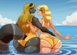  anthro big_butt bikini blonde_hair butt canid canine canis clothing domestic_dog female female/female hair looking_at_viewer mammal mature_female nightfaux procyonid raccoon swimwear thick_thighs 