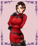  1girl ada_wong artist_name black_gloves black_pantyhose blush border breasts brown_eyes brown_hair closed_mouth cowboy_shot dress finger_to_cheek gloves gun holster large_breasts lipstick long_sleeves looking_at_viewer makeup nagare pantyhose pink_background red_dress red_lips red_sweater resident_evil simple_background smile solo sweater sweater_dress thigh_strap twitter_username weapon 