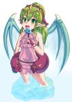  1girl absurdres armpit_crease bandages blue_background crossed_bangs dot_nose double-parted_bangs dragon_wings dress eating english_commentary fire_emblem fire_emblem:_shadow_dragon food frilled_dress frills gem gradient_background green_eyes green_hair hair_between_eyes headband highres ice_cream keldancon long_hair looking_at_viewer open_mouth partially_submerged pink_dress pointy_ears ponytail red_gemstone red_headband side_slit sidelocks simple_background sleeveless sleeveless_dress solo teeth tiara tiki_(fire_emblem) tiki_(young)_(fire_emblem) upper_teeth_only water white_background wings 