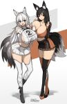  &gt;:) 2girls absurdres animal_ear_fluff animal_ears areola_slip asymmetrical_legwear bare_shoulders black_hair black_thighhighs blue_eyes breasts cleavage commission crop_top dated deep_skin elbow_gloves fox_ears fox_girl fox_tail gloves grabbing grabbing_another&#039;s_breast heart high_heels highres long_hair makino_momiji_(artist) microskirt midriff mismatched_legwear multiple_girls multiple_tails one_eye_closed open_mouth orange_thighhighs original race_queen shirt shrug_(clothing) sideboob signature simple_background skeb_commission skirt sleeveless sleeveless_shirt smile tail thighhighs v-shaped_eyebrows very_long_hair white_gloves white_hair white_thighhighs yellow_eyes zettai_ryouiki 