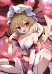  1girl :3 absurdres bare_shoulders blonde_hair breasts collarbone commentary_request crystal dfra flandre_scarlet hat hat_ribbon highres large_breasts looking_at_viewer mob_cap navel one_side_up open_mouth oppai_loli red_eyes red_ribbon red_skirt ribbon sitting skirt solo touhou white_headwear wings wrist_cuffs 