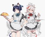  2boys ahoge animal_ears aonisaizako apron bandaged_hand bandages blush cat_boy cat_ears cat_tail closed_mouth crossdressing food genshin_impact highres ice_cream kaedehara_kazuha ketchup looking_at_viewer low_twintails maid maid_apron maid_headdress male_focus multicolored_hair multiple_boys omelet open_mouth purple_eyes purple_hair red_eyes red_hair scaramouche_(genshin_impact) short_twintails side_ponytail smile sundae tail twintails unhappy white_background white_hair 