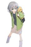  1girl absurdres backpack bag black_shirt cropped_legs green_eyes green_jacket grey_hair grey_skirt hair_ornament hairclip hand_on_own_thigh highres holding_strap jacket kurobeko_(kur0bek0) leaning_forward leg_warmers light_blush long_sleeves looking_at_viewer medium_hair open_clothes open_jacket open_mouth shirt sidelocks simple_background skirt smile solo white_background yama_no_susume yukimura_aoi 