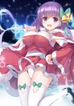  1girl :d aria. armpits bag bb_(fate) bb_(fate/extra) bell black_footwear blurry blurry_background blush bow bow_legwear breasts christmas cleavage clothes_lift commentary_request detached_sleeves dress dress_lift eyelashes eyes_visible_through_hair fate/extra fate/extra_ccc fate_(series) fur-trimmed_dress fur-trimmed_sleeves fur_trim gift_bag green_bow green_ribbon groin hair_bell hair_between_eyes hair_bow hair_ornament hair_ribbon hand_on_own_hip hand_up holding holding_bag impossible_clothes large_breasts long_hair long_sleeves looking_at_viewer mary_janes night open_mouth outdoors panties purple_eyes purple_hair ribbon santa_dress shiny_skin shoes short_dress skindentation sleeveless sleeveless_dress smile smug snowing solo sparkle standing standing_on_one_leg thighhighs thighs underwear v-shaped_eyebrows white_fur white_panties white_thighhighs wide_sleeves wind wind_lift winter 