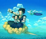  1girl 2boys :d ^_^ arm_up arms_up biceps black_hair black_pants black_wristband blue_pants blue_sky blush blush_stickers cape child closed_eyes cloud colored_skin commentary_request crossed_arms day dougi dragon_ball dragon_ball_super dragon_ball_super_super_hero eyelashes father_and_daughter fingerless_gloves flying flying_nimbus gloves green_skin koukyouji mountainous_horizon multiple_boys muscular muscular_male namekian open_mouth outdoors pan_(dragon_ball) pants piccolo pointing pointy_ears print_shirt purple_pants red_gloves red_sash riding sash shirt short_hair short_sleeves shoulder_pads sitting sitting_on_lap sitting_on_person sky smile son_gohan spiked_hair t-shirt turban white_cape whorled_clouds wristband 