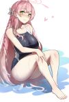  1girl absurdres bare_arms bare_shoulders barefoot black_one-piece_swimsuit blue_archive blush braid breasts closed_mouth collarbone commentary feet full_body green_eyes halo hanako_(blue_archive) highres large_breasts long_hair looking_at_viewer one-piece_swimsuit pink_hair sitting smile solo swimsuit symbol-only_commentary thighs wet yukiaka 