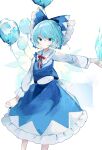  1girl blue_bow blue_eyes blue_hair blue_skirt blue_vest blush bow cirno collared_shirt detached_wings fairy frilled_shirt_collar frills hair_bow highres ice ice_wings kureha_ki908 long_sleeves pointy_ears shirt short_hair skirt solo touhou vest white_shirt wings 
