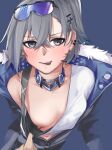  1girl absurdres black_jacket blush breasts commentary_request crop_top fur-trimmed_jacket fur_trim goggles goggles_on_head grey_eyes grey_hair hair_between_eyes highres honkai:_star_rail honkai_(series) jacket long_hair looking_at_viewer navel nipples pov pov_hands pulled_by_another shion1350 silver_wolf_(honkai:_star_rail) simple_background small_breasts solo_focus teeth tongue tongue_out upper_teeth_only 