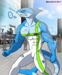  abs absurd_res alkan anthro blue_body bodily_fluids city city_background clothed clothing fish hi_res kashiver male marine multicolored_body muscular muscular_anthro muscular_male off_shoulder pecs shark solo sweat torn_clothing two_tone_body yellow_eyes 