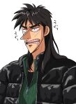  1boy absurdres black_eyes black_hair black_jacket black_shirt commentary_request crying crying_with_eyes_open fukumoto_nobuyuki_(style) green_sweater highres itou_kaiji jacket kaiji long_hair looking_afar male_focus medium_bangs official_style open_mouth parody pointy_nose shirt sidelocks simple_background solo style_parody sweater tears teeth undershirt upper_body usarinko white_background zipper 