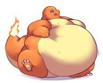  2023 ambiguous_gender belly belly_squish big_belly blue_eyes bodily_fluids charmander chubby_cheeks claws colored digital_media_(artwork) exhausted feral fire flaming_tail generation_1_pokemon hand_on_stomach hi_res huge_belly hyper hyper_belly kelpu_(artist) moobs morbidly_obese morbidly_obese_ambiguous nintendo obese obese_ambiguous open_mouth orange_body orange_tail overweight overweight_ambiguous pokemon pokemon_(species) shaded simple_background solo squish sweat tail tan_body thick_tail white_background 